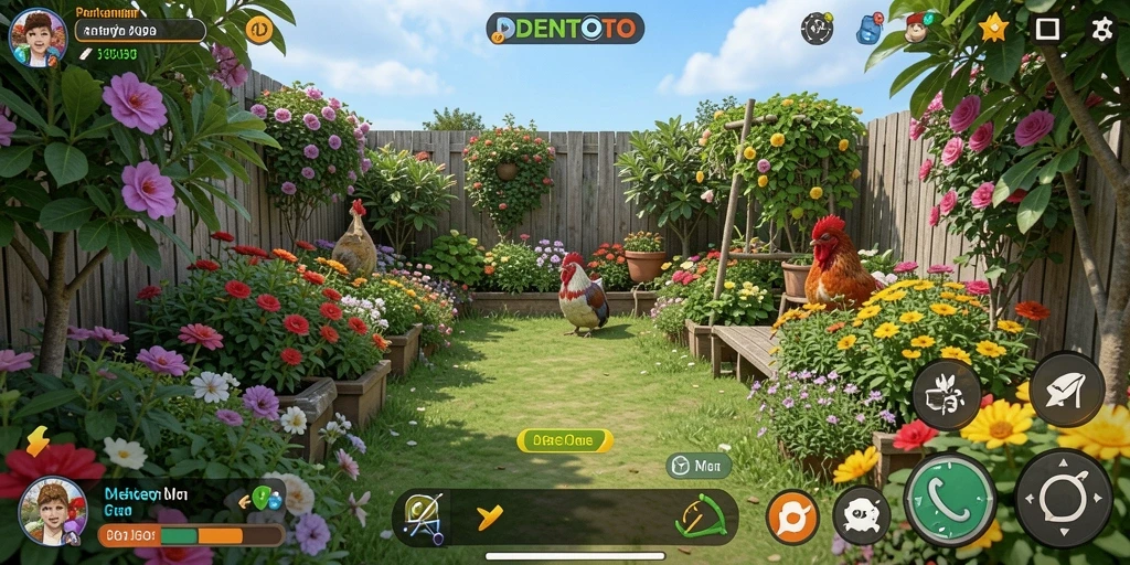 Screenshot DENTOTO menunjukkan gameplay berkebun yang menyenangkan.