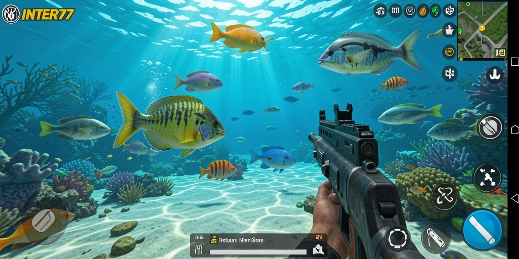 Screenshot INTER77 menampilkan aksi seru menembak ikan di bawah laut.