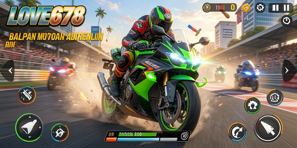 Screenshot utama LOVE678 menampilkan aksi balapan motor yang seru.