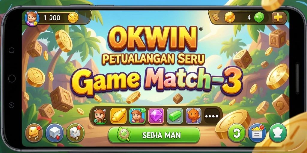 Screenshot gameplay OKWIN menampilkan aksi seru mencocokkan item Match-3.