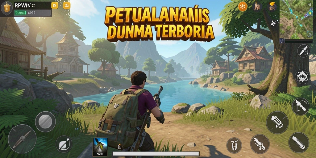 Screenshot menampilkan karakter menjelajahi dunia terbuka yang luas.