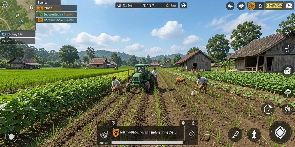 Tampilan gameplay SOV777 dengan lahan pertanian yang subur dan beragam tanaman.