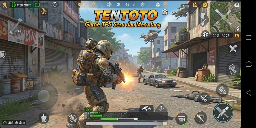 Screenshot utama TENTOTO menampilkan aksi pertempuran yang mendebarkan dalam gameplay TPS.